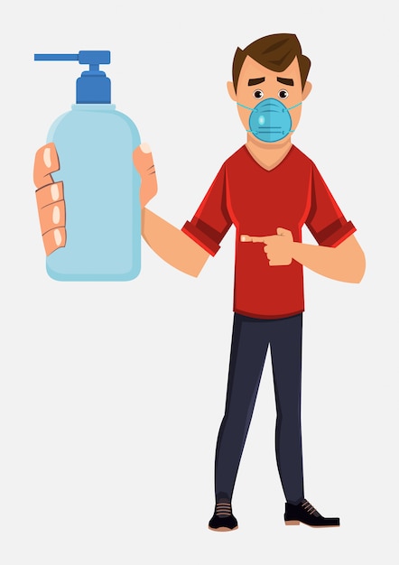 Joven con mascarilla y mostrando la botella de gel de alcohol. ilustración de concepto de covid-19 o coronavirus