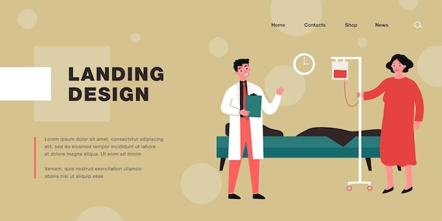 Joven médico y anciana en el hospital Ilustración de vector plano Trabajador médico visitando al paciente dando recomendaciones haciendo inspección médica Concepto de hospital de tratamiento de salud de ayuda médica