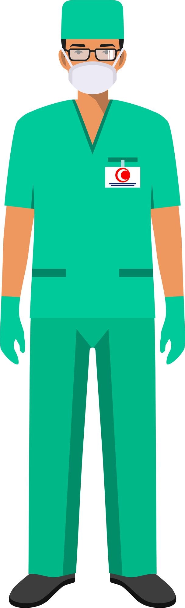 Vector joven médico de emergencias árabe musulmán de pie hombre con máscara protectora icono de personaje en estilo plano