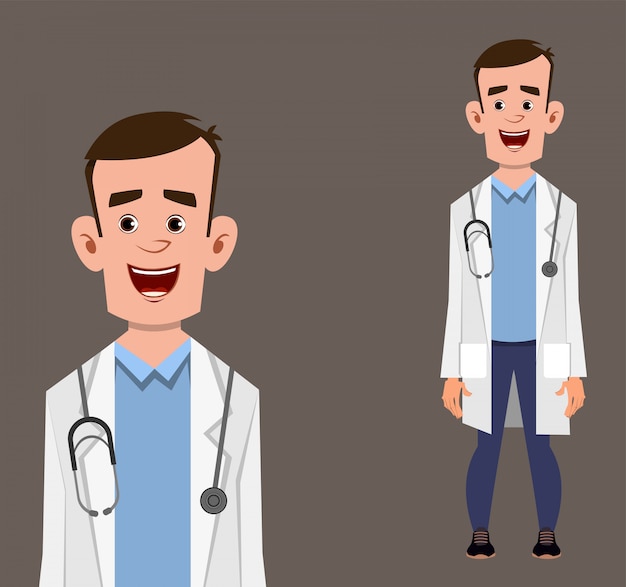 Joven médico personaje de dibujos animados de pie pose ilustración, movimiento o animación