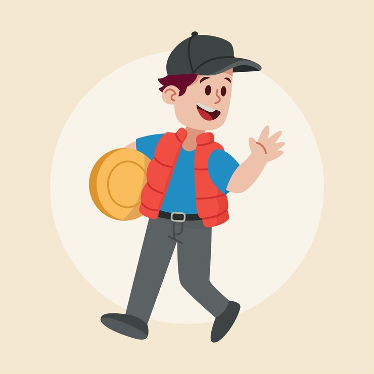 Vector un joven mensajero alegre llevando un paquete y saludando