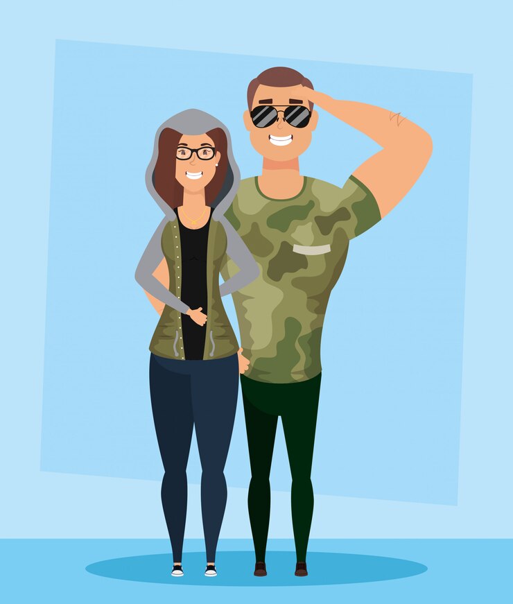 Vector joven militar con personajes de mujer