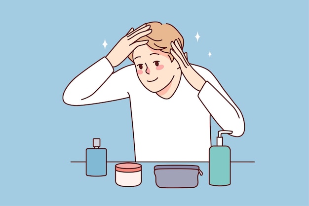 Joven mira en el espejo hacer procedimientos de belleza