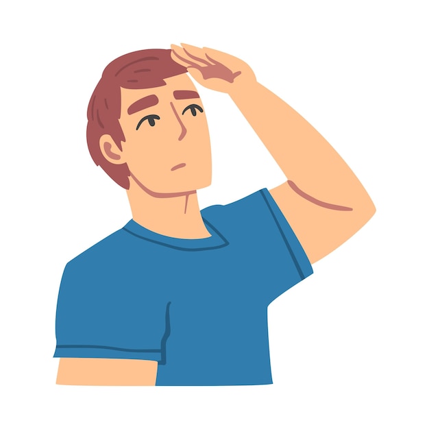 Joven mirando hacia arriba con la mano por encima de los ojos Ilustración vectorial de dibujos animados