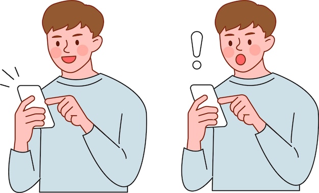 Joven mirando su teléfono inteligente y expresando diferentes emociones