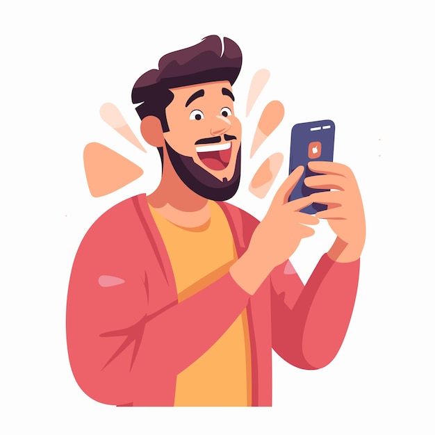 Vector joven mirando el teléfono celular con una cara feliz y sorprendida ilustraciones vectoriales sobre fondo blanco