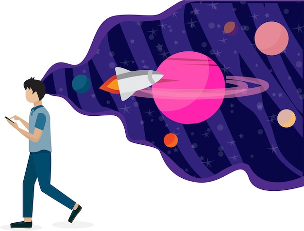 Un joven mirando un teléfono inteligente sobre el espacio Ilustración del concepto de viaje espacial