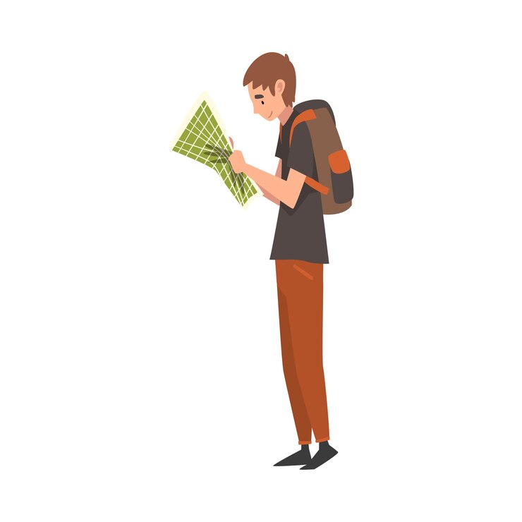 Vector joven con mochila sosteniendo un mapa de la carretera planeando la ruta de viaje de verano de acampada de viaje de mochila