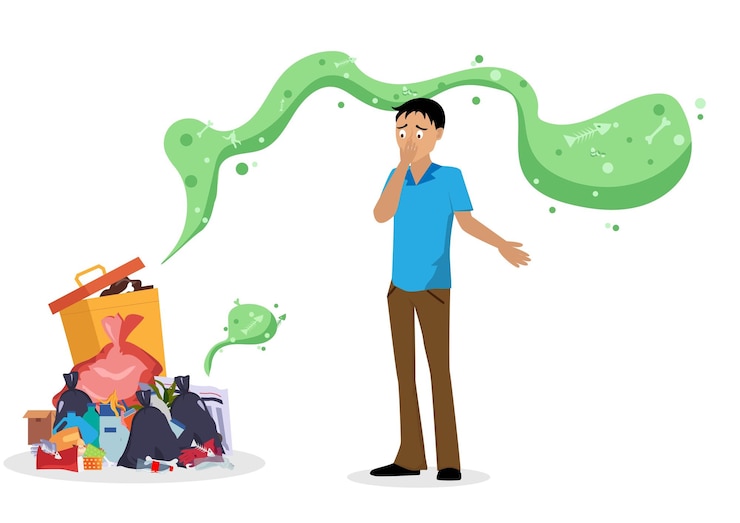 Vector joven molesto por el olor a basura de la comunidad donde la gente arroja basura de una manera poco convencional sin responsabilidad ilustración de vector de dibujos animados de estilo plano
