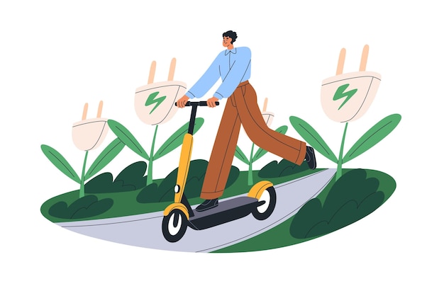 Joven montando una patineta eléctrica Persona moderna conduciendo transporte urbano urbano ecológico Hombre viaja en un vehículo sostenible Ilustración vectorial plana aislada sobre fondo blanco