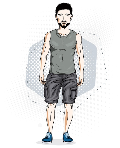 Vector un joven moreno guapo y confiado de pie. ilustración vectorial de un hombre vestido con ropa informal, pantalones cortos vaqueros y camiseta.