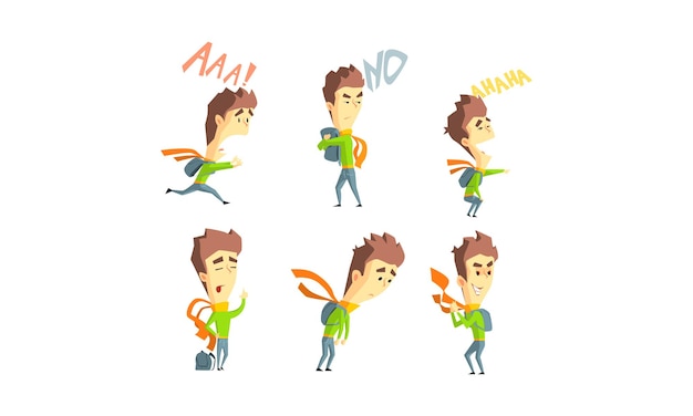 Joven mostrando diferentes emociones set chico con diferentes expresiones faciales y poses vector ilustración aislada sobre fondo blanco