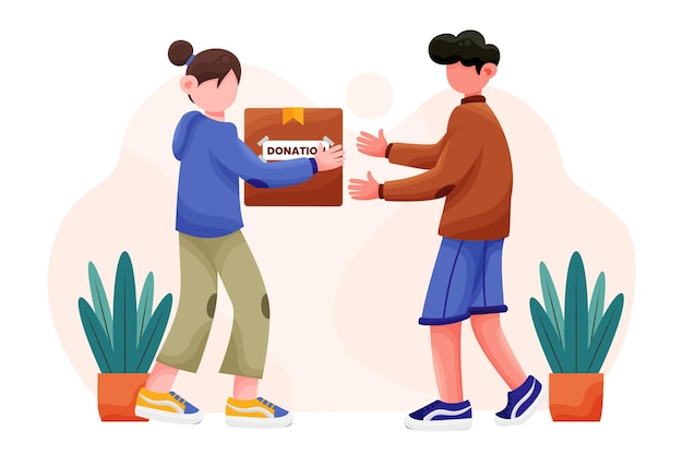 Joven y mujer con cajas de donación.