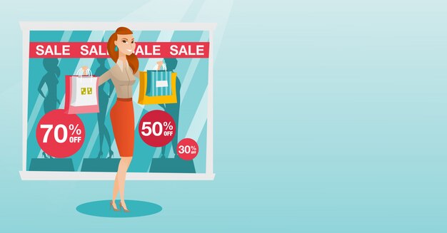 Joven mujer caucásica de compras en venta.