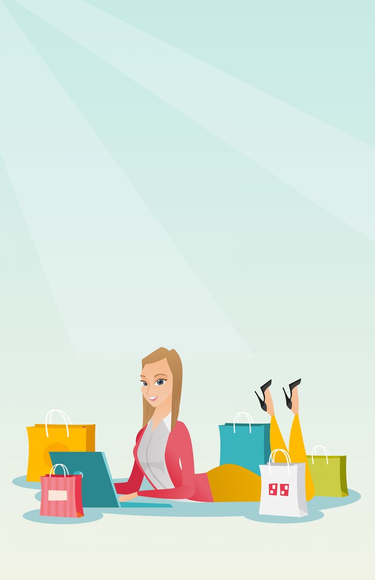 Vector joven mujer caucásica haciendo compras en línea.