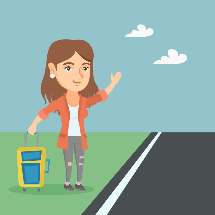 Vector joven mujer caucásica con una maleta haciendo autostop.
