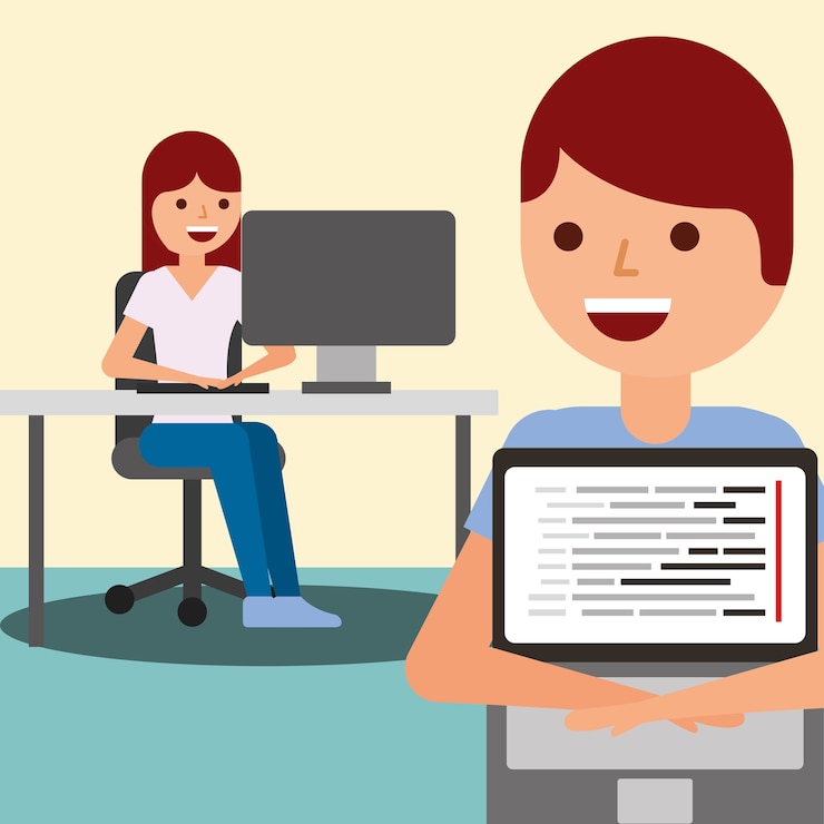 Vector joven y mujer con codificación de programa de trabajo de computadora