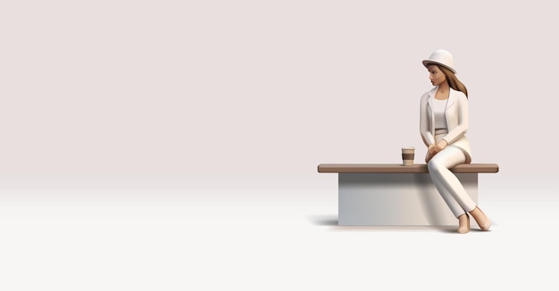 Joven mujer elegante sentada en un banco con café 3D para el concepto de estilo de vida recreación negocio de moda vector
