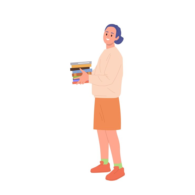 Vector joven mujer fan de la literatura personaje de dibujos animados sosteniendo una pila de libros de papel para leer aislados en blanco