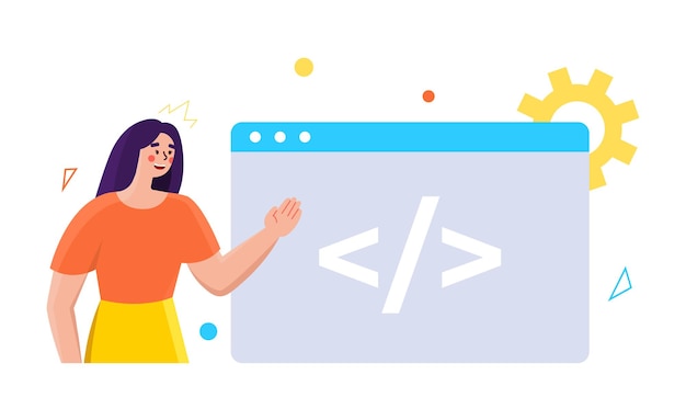 Joven mujer feliz de pie sin ventana Concepto de desarrollo web UI ux concepto vector ilustración en estilo plano moderno