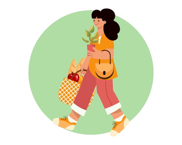 Joven mujer feliz con planta en maceta y bolsa de supermercado concepto de compras prediseñadas de ilustración plana