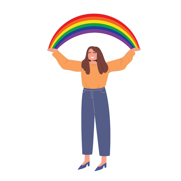 Joven mujer feliz sostiene una bandera lgbt el concepto de la comunidad lgbt mes del orgullo lgbt desfile del orgullo gay derechos humanos contra la discriminación violencia injusticia ilustración vectorial de dibujos animados