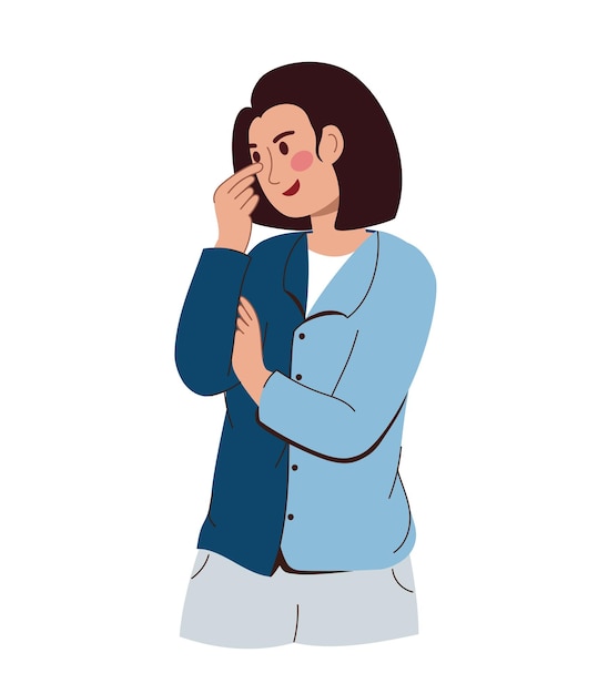 Una joven mujer hermosa en contemplación En una moderna blusa azul pantalón gris Ilustración vectorial