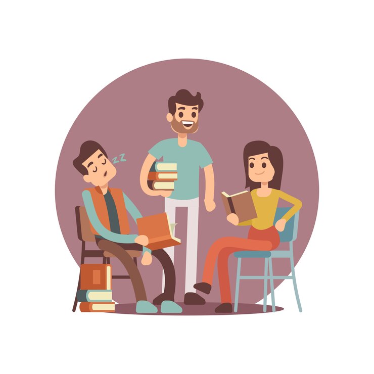Vector joven mujer y hombre, estudiantes universitarios leyendo libro
