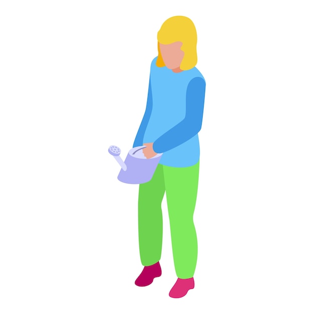 Joven mujer jardinera sosteniendo una jarra de riego icono isométrico
