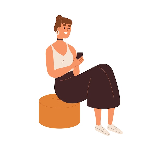 Joven mujer moderna sentada con teléfono móvil, enviando mensajes de texto. Niña sonriente feliz sosteniendo un teléfono inteligente, navegando por Internet, usando las redes sociales. Ilustración de vector plano aislado sobre fondo blanco