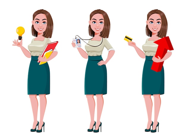 Vector joven mujer de negocios exitosa, conjunto de tres poses. personaje de dibujos animados lindo empresaria