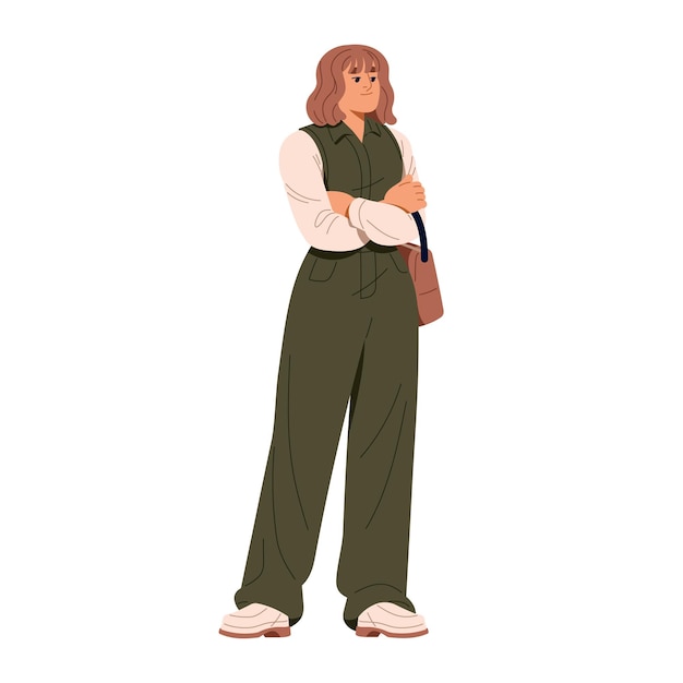 Joven mujer de negocios con las manos cruzadas sostiene una bolsa elegante chica linda con corte de pelo con ropa de moda dama moderna está en pantalones verdes ilustración vectorial aislada plana sobre fondo blanco