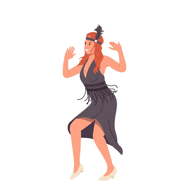 Vector joven mujer pelirroja personaje de dibujos animados bailando en una discoteca retro aislada sobre un fondo blanco