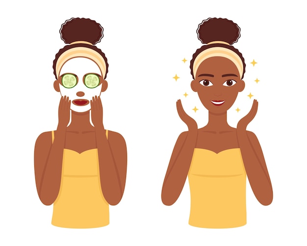 Joven mujer de piel oscura cuida su piel facial Procedimiento de tratamiento facial Ilustración vectorial