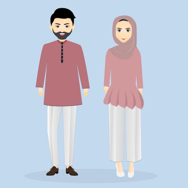 Joven y mujer en pose de saludo para la celebración de eid mubarak vector premium