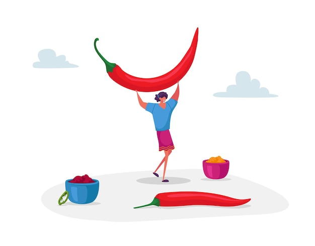 Joven mujer positiva sosteniendo enorme chile rojo pimiento jalapeño por encima de la cabeza y tazones con comida alrededor