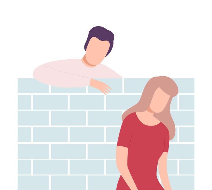Vector joven y mujer separando pared de ladrillo personas tratando de salvar el amor y la amistad vector plano