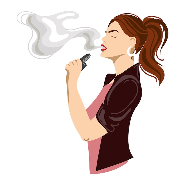 Vector joven mujer sexy fumando vaping ecigarette ilustración vectorial chica moderna fumando vape bocanadas de vapor