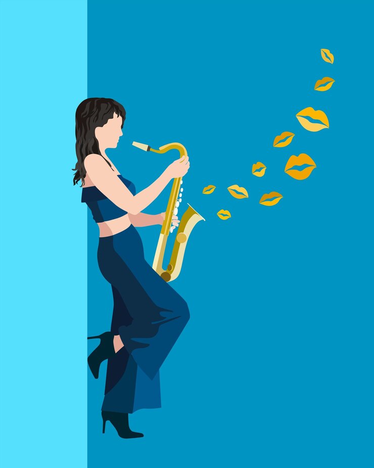 Vector joven mujer sexy tocando saxofón jazz y dando besos dorados, ilustración vectorial