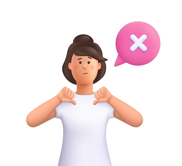 Joven mujer sonriente jane gesticulando con el pulgar hacia abajo comunicación no verbal disgusto desacuerdo disgusto y expresiones negativas ilustración de personajes de personas vectoriales 3d estilo minimalista de dibujos animados | Joven mujer sonriente jane gesticulando con el pulgar hacia abajo comunicación no verbal disgusto desacuerdo disgusto y expresiones negativas ilustración de personajes de personas vectoriales 3d estilo minimalista de dibujos animados |