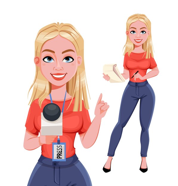 Vector joven mujer sonriente periodista conjunto de dos poses