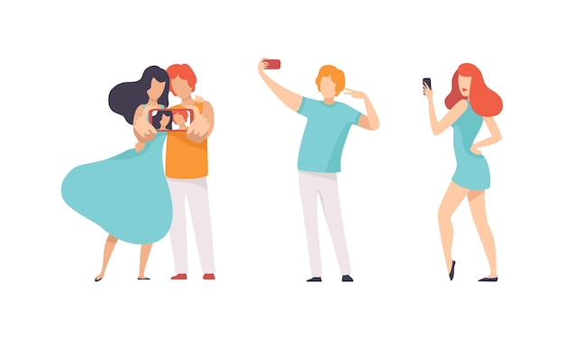 Un joven y una mujer se toman una selfie con un conjunto vectorial de cámaras de teléfonos inteligentes