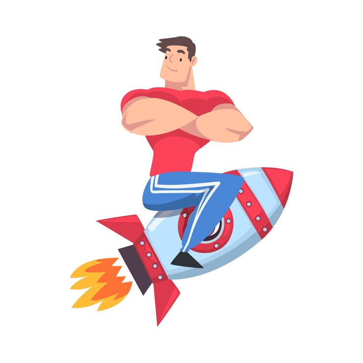 Vector joven musculoso volando en un cohete espacial competición de logros de liderazgo concepto de éxito ilustración vectorial de estilo de dibujos animados