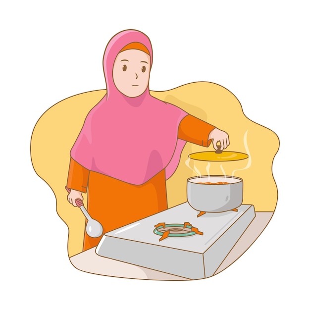 Vector joven muslimah cocinando en la cocina