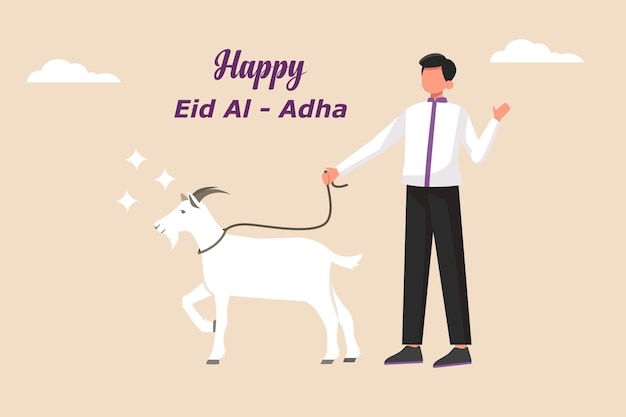 Joven musulmán toma una cabra blanca para el sacrificio feliz eid al adha ilustración vectorial para la pancarta y el cartel de la tarjeta de felicitación de eid