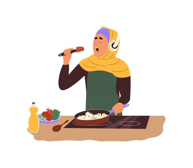 Joven musulmana con hiyab y auriculares cantando en espátula mientras cocina la cena en la cocina