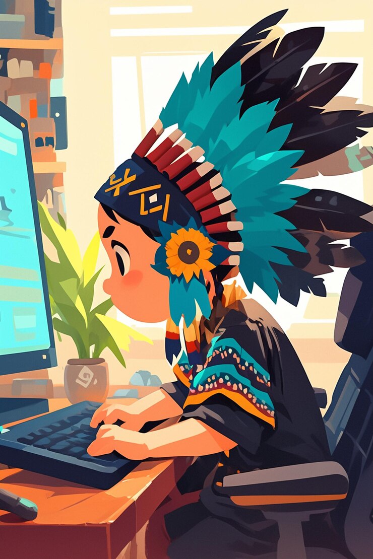 Vector un joven nativo americano explorando la tecnología en su aula.