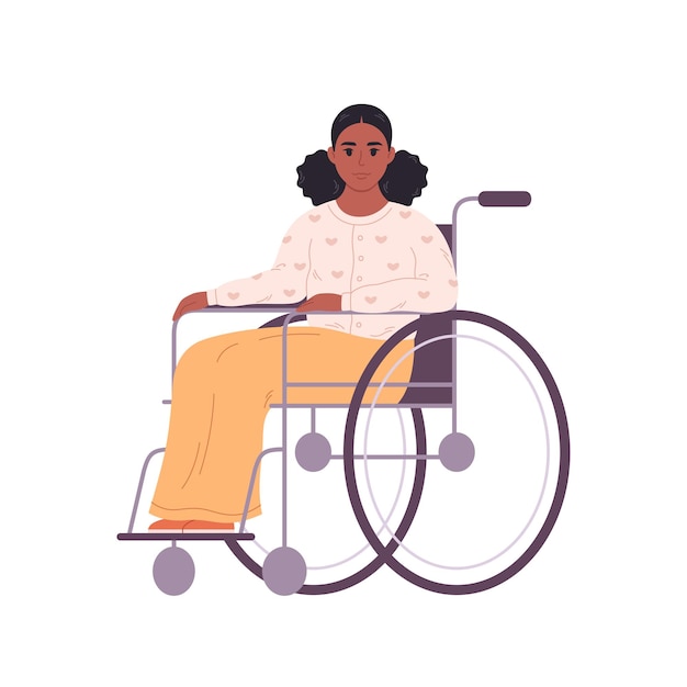 Joven negra en silla de ruedas. Personaje femenino con discapacidad física. ilustración vectorial