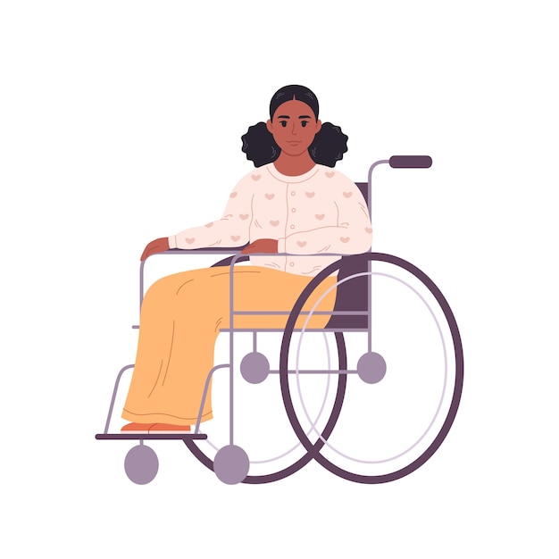 Joven negra en silla de ruedas. personaje femenino con discapacidad física. ilustración vectorial