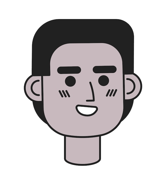 Joven negro vista frontal en blanco y negro ilustración de avatar vectorial 2D hombre afroamericano contorno de personaje de dibujos animados rostro aislado tipo alegre plano imagen de perfil de usuario retrato masculino